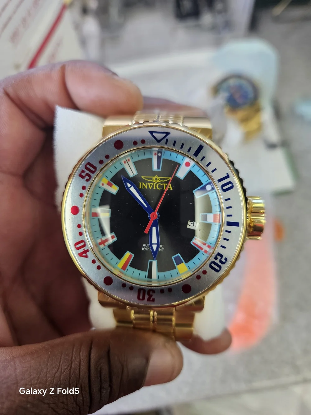 Invicta Gold Tone Divers Watch with Black Dial Turquoise Accents 52mm Automatic